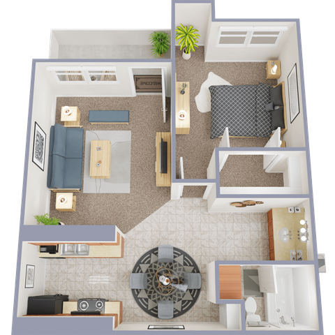 Floor plan for 1 bed, 1 bath, 680 sqft