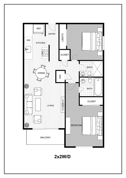 Floor plan for 2 beds, 2 baths, 861 sqft