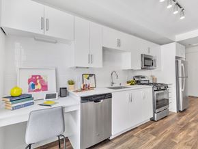 Las Vegas apartment for rent - A modern kitchen with white cabinets and stainless steel appliances.