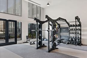 Bend apartment for rent - A black home gym with a squat rack, bench, and weights.