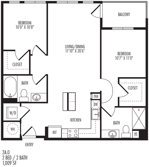 Floor plan for 2 beds, 2 baths, 1009 sqft