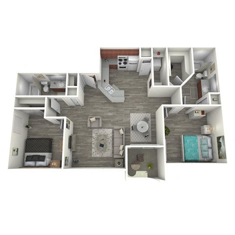Floor plan for 2 beds, 2 baths, 950 sqft