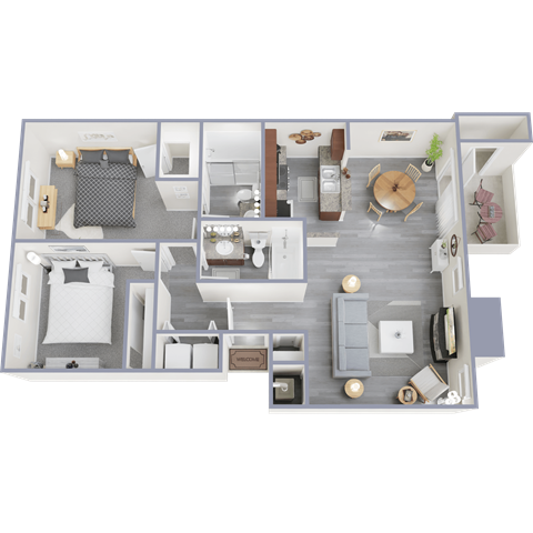 Floor plan for 2 beds, 2 baths, 986 sqft