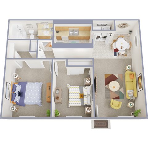 Floor plan for 2 beds, 1 bath, 772 sqft