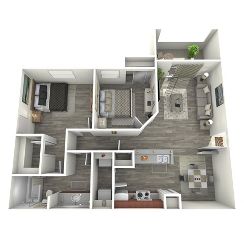 Floor plan for 2 beds, 1 bath, 889 sqft