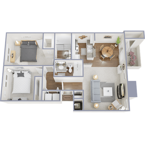 Floor plan for 2 beds, 2 baths, 986 sqft