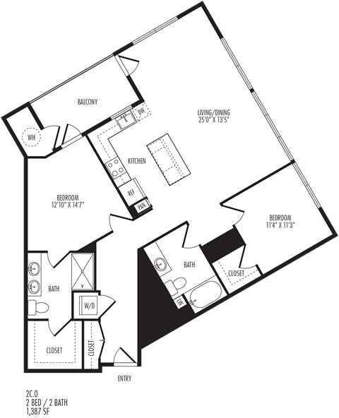 Floor plan for 2 beds, 2 baths, 1387 sqft