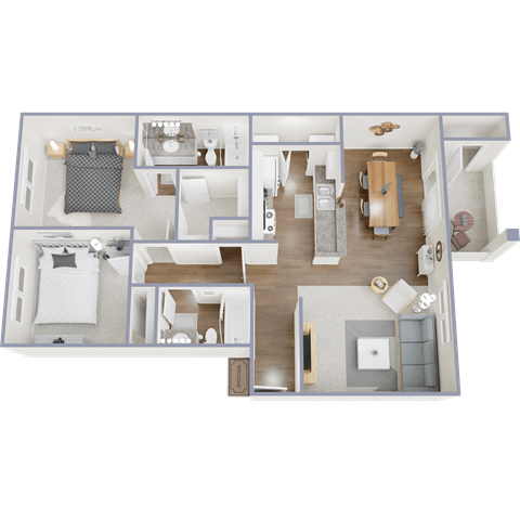 Floor plan for 2 beds, 2 baths, 1002 sqft