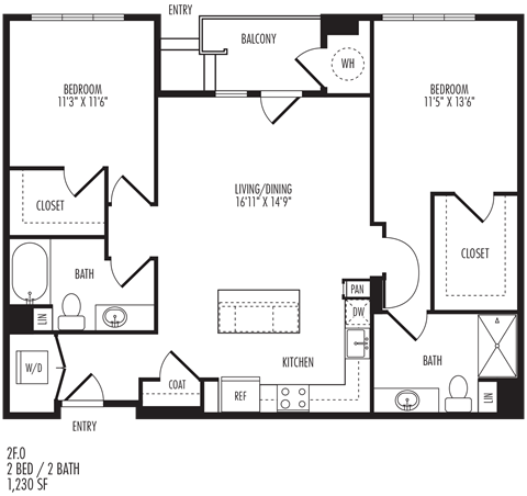 Floor plan for 2 beds, 2 baths, 1230 sqft