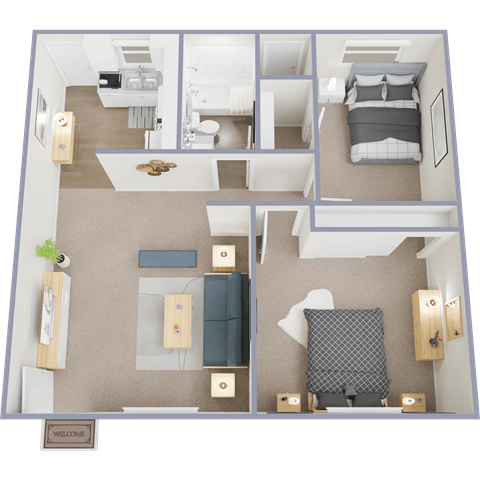 Floor plan for 2 beds, 1 bath, 733 sqft