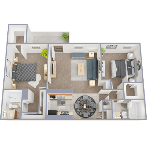 Floor plan for 2 beds, 2 baths, 1050 sqft