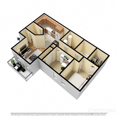 Floor plan for 2 beds, 1 bath, 877 sqft