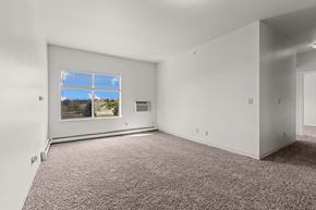 Broomfield apartment for rent - A room with a carpeted floor and a window showing a view of trees and houses outside.