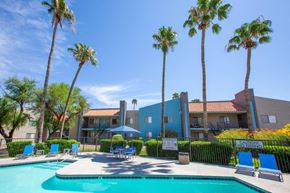 Tucson apartment for rent - A pool surrounded by palm trees and a caution sign.