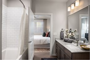 Spring apartment for rent - bathroom with shower and sink and bedroom with bed in the background