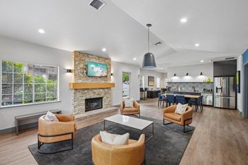 Gresham apartment for rent - A modern living room with a stone fireplace and a painting above it.