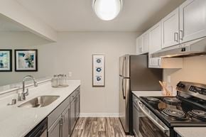 Federal Way apartment for rent - A modern kitchen with a stove, refrigerator, and sink.