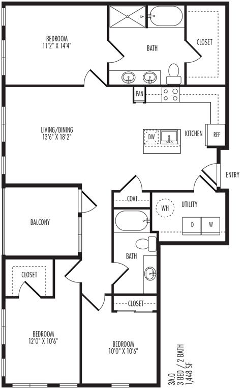 Floor plan for 3 beds, 2 baths, 1448 sqft