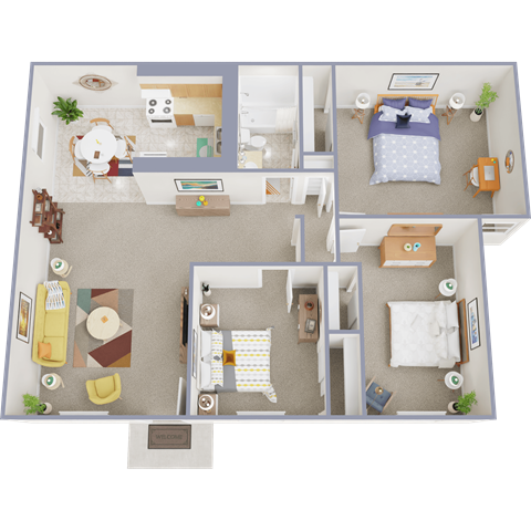 Floor plan for 3 beds, 1 bath, 982 sqft
