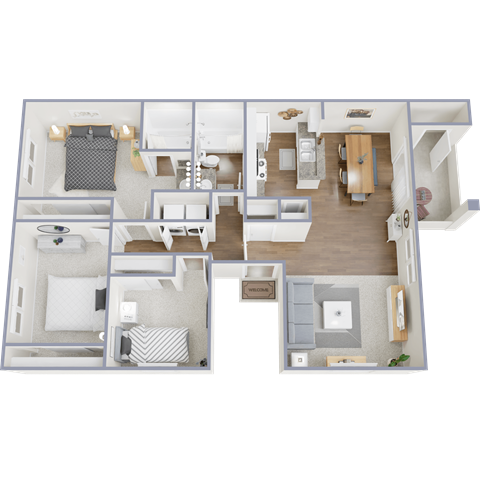 Floor plan for 3 beds, 2 baths, 1209 sqft