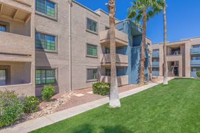 Tucson apartment for rent - Three story apartment buildings with palm trees at Peak at Oro Valley Apartments, Arizona