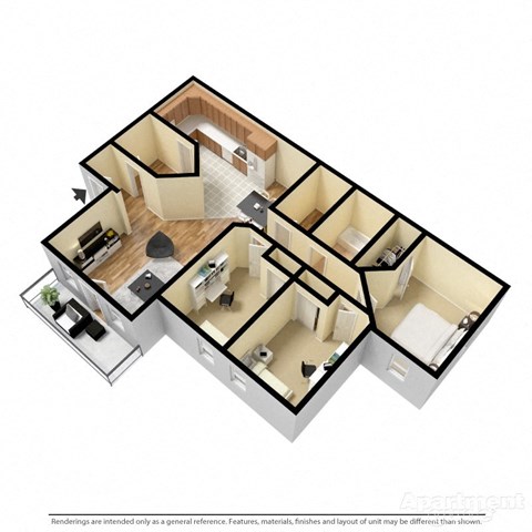 Floor plan for 3 beds, 1 bath, 990 sqft