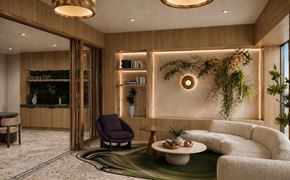 Los Angeles apartment for rent - A modern living room with a purple armchair and a white sofa.