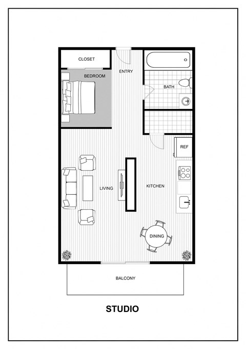 Floor plan for studio, 1 bath, 414 sqft
