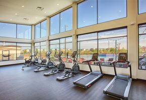 Aurora apartment for rent - A gym with treadmills and a view of a pool outside.