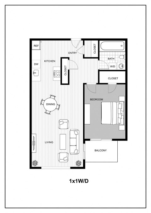 Floor plan for 1 bed, 1 bath, 551 sqft
