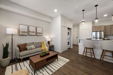 Kennewick apartment for rent - A modern living room with a wooden coffee table and a striped rug.