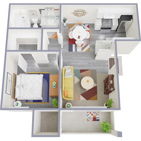 Floor plan for 1 bed, 1 bath, 587 sqft