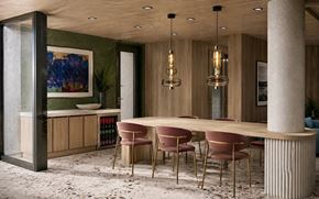 Los Angeles apartment for rent - A modern dining room with a long table and chairs.