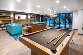 Tacoma apartment for rent - A pool table with a green felt cloth and a white ball in the foreground.
