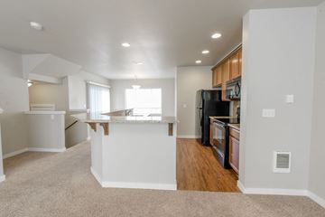 Puyallup apartment for rent - A kitchen with a black refrigerator and wooden cabinets.
