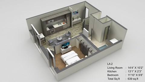 Floor plan for 1 bed, 1 bath, 639 sqft