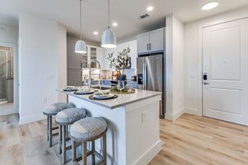 Gourmet prep island with pendant lighting*