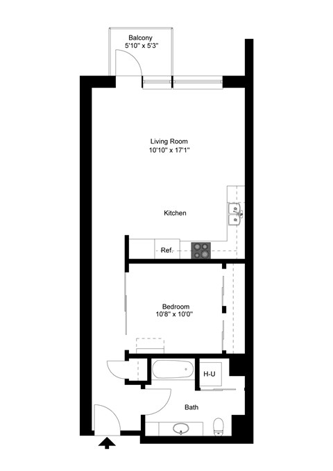 Floor plan for 1 bed, 1 bath, 707 sqft