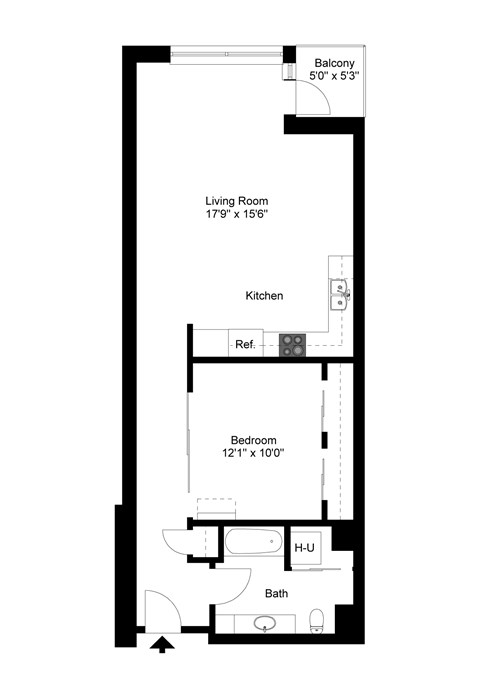 Floor plan for 1 bed, 1 bath, 806 sqft