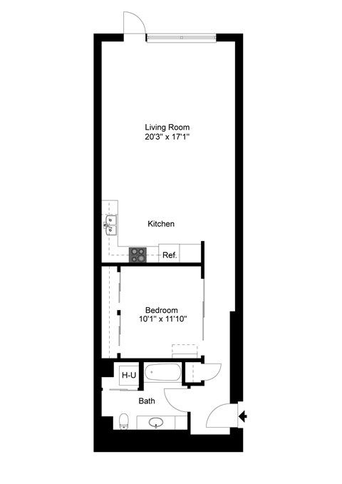 Floor plan for 1 bed, 1 bath, 902 sqft