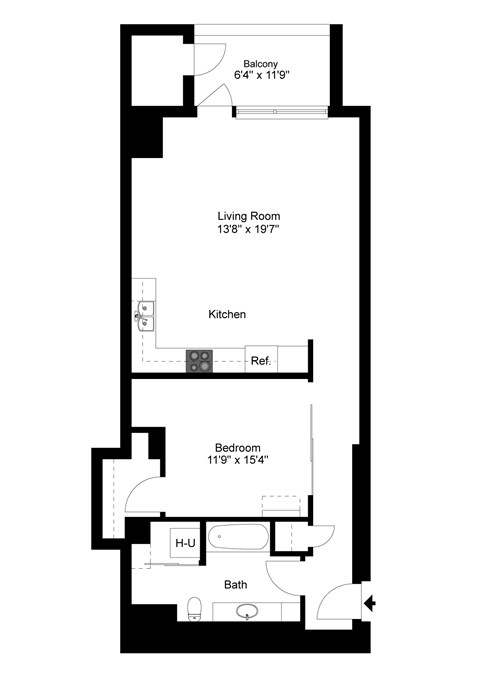 Floor plan for 1 bed, 1 bath, 911 sqft