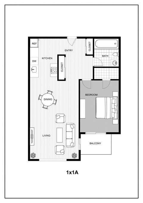 Floor plan for 1 bed, 1 bath, 565 sqft
