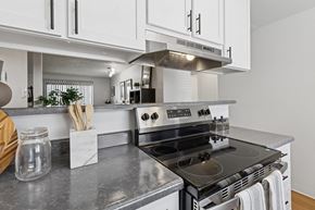 Renton apartment for rent - A modern kitchen with a stove top oven and white cabinets.