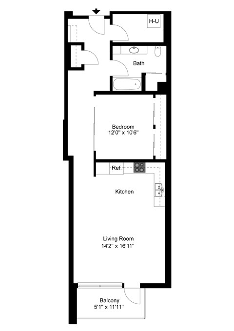 Floor plan for 1 bed, 1 bath, 929 sqft
