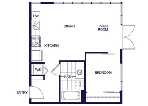 Floor plan for 1 bed, 1 bath, 520 sqft