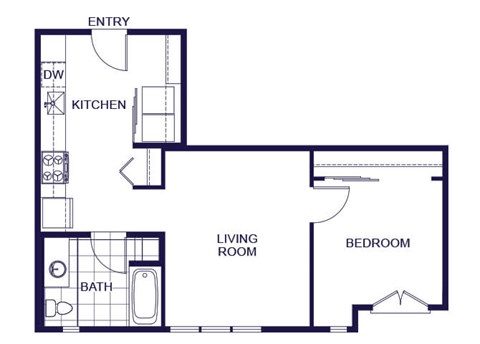 Floor plan for 1 bed, 1 bath, 582 sqft