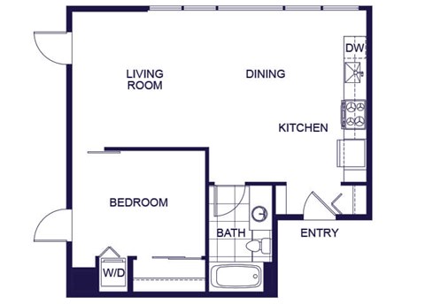 Floor plan for 1 bed, 1 bath, 624 sqft