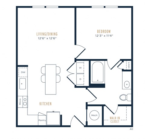 Floor plan for 1 bed, 1 bath, 682 sqft