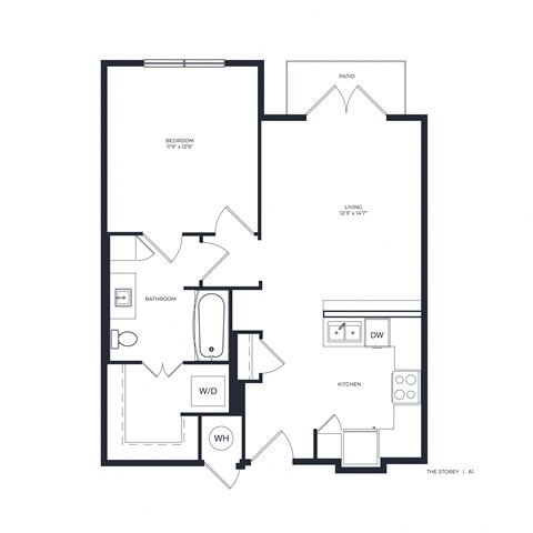 Floor plan for 1 bed, 1 bath, 674 sqft