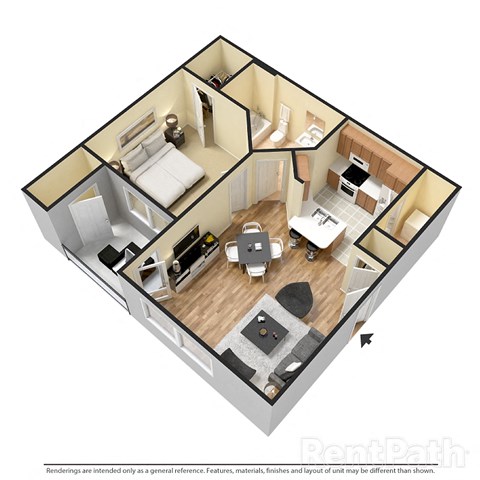 Floor plan for 1 bed, 1 bath, 659 sqft